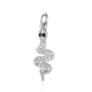 Macro detail of a silver snake charm with clear sparkling zircons and black stone eyes