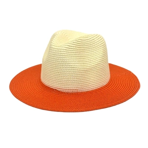 Two-tone straw Panama hat with beige crown and orange wide brim for sun protection