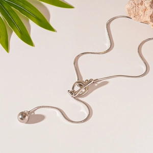 Minimalist Alloy Snake Chain Necklace With Toggle Clasp And Ball Pendant Long Y-Shaped Sweater Chain Jewelry For Women
