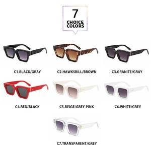 Matrix display of square sunglasses in seven color variants with detailed frame textures