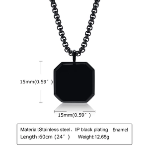 Detail of black octagonal stainless steel pendant with dimensions and specifications
