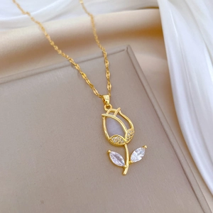 Elegant gold tulip necklace featuring opal petals and sparkling zircon leaf details