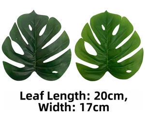 Detail showing artificial monstera leaf size dimensions of 20cm length and 17cm width