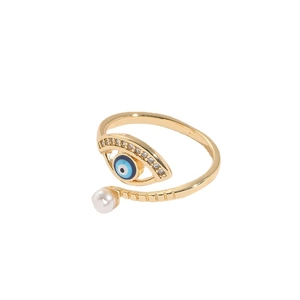 14K gold plated evil eye ring with blue zircon, white enamel and small pearl detail