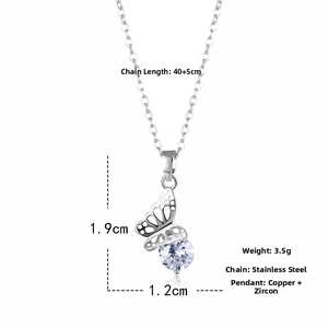 Macro view of butterfly pendant with cubic zirconia and stainless steel chain details