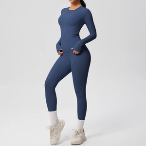 Completo yoga blu scuro con maglia a maniche lunghe e leggings a vita alta elastici