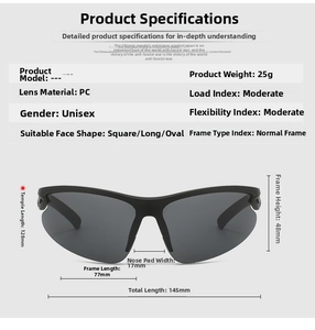 Detailed technical diagram showing dimensions and size specs of sports cycling sunglasses