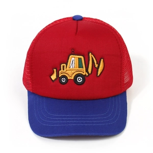Detail view of children's baseball cap featuring high-quality excavator embroidery