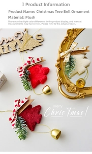 Detail of plush Christmas tree ornaments with golden bells and merry christmas tags