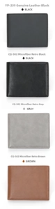 Vertical stack of short leather wallets showing models YP-239 and CQ-502 in various colors
