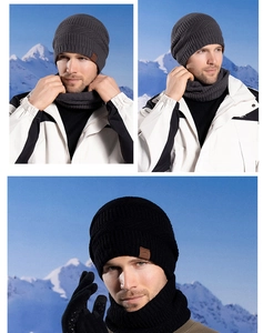 Three-piece winter knit set with beanie, scarf, and gloves featuring warm fleece lining