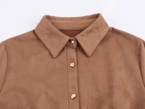 Detailed view of brown faux suede dress with lapel collar and unique golden buttons