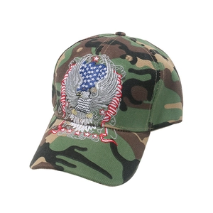 Camo baseball cap with eagle and stars stripes embroidery in a 45-degree side view
