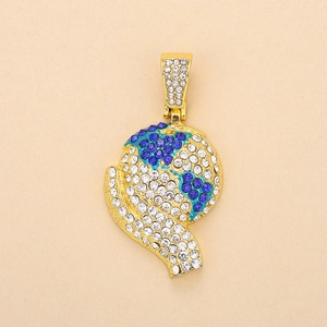 Detailed close-up of golden globe pendant with blue and white crystals for men's necklace