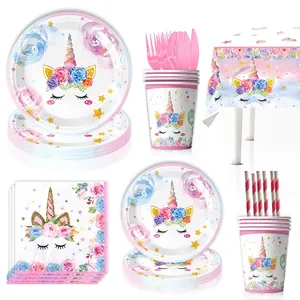 Unicorn themed party tableware set with paper plates cups napkins and pink cutlery