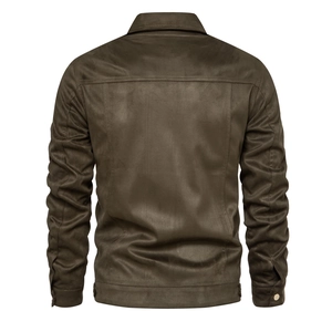 Rear view of men's dark brown suede jacket featuring shoulder yoke and metallic cuff buttons