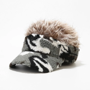 Detail of fleece camouflage visor cap featuring a thick light brown wig on top
