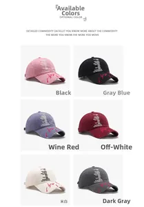 Detailed grid view of six distressed cotton baseball caps with unique slogan embroidery
