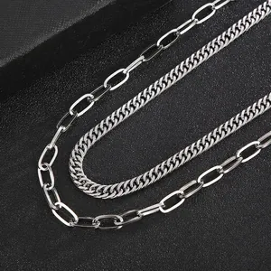 Double Layered Necklace Stainless Steel Curb And Paperclip Chain Silver Color Minimalist Punk Streetwear Unisex