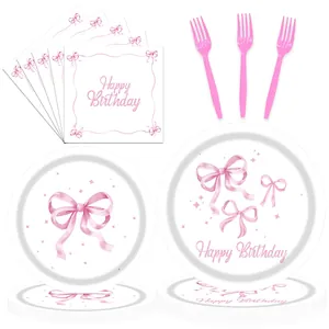 Pink bow birthday party tableware set with happy birthday napkins and plates