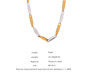 Detailed view of bicolor titanium steel necklace with Greek key pattern and P404 specs