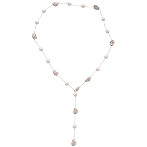 Y-shaped vintage pearl and irregular silver bead necklace for women with minimalist design