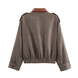 Brown faux suede jacket featuring contrasting shoulder details and epaulets on a back view