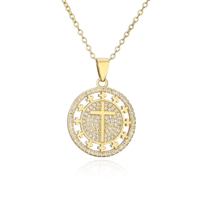 18K gold plated copper necklace with a circular zircon cross pendant and cable chain