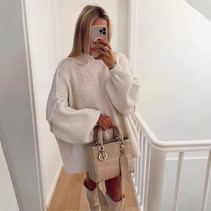 Pull En Maille Oversize Femme Col Montant Manches Lanternes Couleur Unie Tricot Épais Haut Décontracté