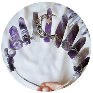 Handmade long amethyst crystal crown with silver wire wrapping and moon star pendant