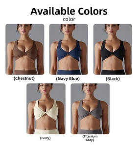 Detailed grid showing five colors of twist-front nylon sports bras for women