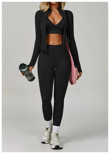 Detailed view of women's 3-piece black seamless yoga set with zip jacket and high waist leggings
