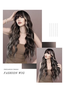 Detail of long wavy synthetic wig with ash silver highlights and straight bangs for women
