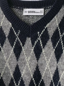 Close-up of the V-neckline on a knit sweater featuring classic blue argyle pattern detail