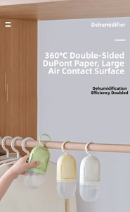 Hanging capsule dehumidifier showing dual-sided DuPont paper for closet moisture absorption