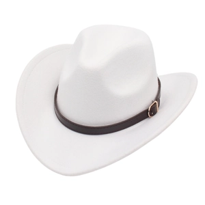 Western Cowboy Hat Wool Felt Style Wide Curved Brim With Leather Belt Metal Buckle Retro Fedora Jazz Style For Men Women