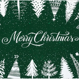 Faux cashmere Christmas rug with deep green background and festive white tree pattern