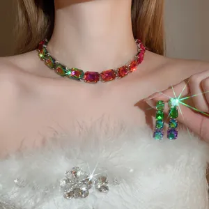 Luxurious multi-color rectangular gemstone necklace and earring jewelry set for women