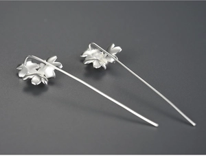 Macro shot of S925 sterling silver drop earrings featuring delicate flower petal design