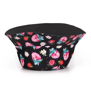 Outdoor bucket hat with strawberry digital print and sun protection in black cotton