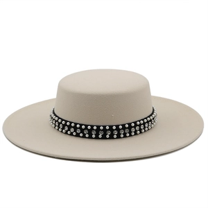Elegant beige flat top wool felt fedora hat with luxury pearl and rhinestone trim