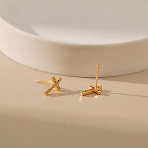 Minimalist 18K gold plated cross earrings with sparkling zircon inlay for daily wear
