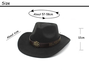 Detail view of black felt cowboy hat dimensions including 8cm brim and 12cm crown height