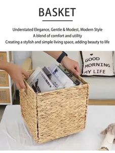 Macro view of woven storage basket with hollow handles showing texture and book storage