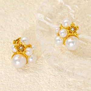 Elegant French pearl flower earrings with 18K gold-plated petals and sparkling crystals