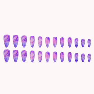 Set of 24 purple marble almond press-on nails with glossy violet and white swirl patterns