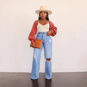 Damen Hellblaue Distressed Wide-Leg Jeans mit hoher Taille und geradem Schnitt im Street-Style