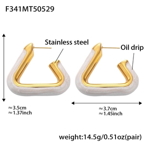 Detailed view of gold stainless steel triangle earrings with white oil drip marble texture