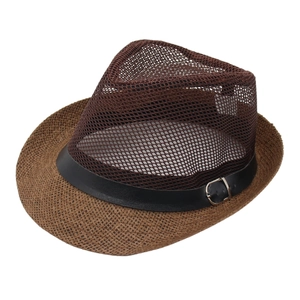 Men's summer hollow mesh trilby hat with breathable brown crown and leather belt