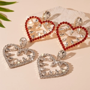 Exaggerated hollow heart drop earrings with rhinestones in red gold and silver white